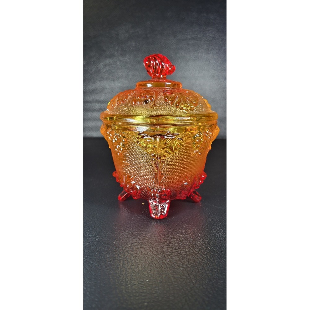 Vintage Jeannette Glass Amberina Glass Footed Candy Bowl Dish W Lid Grape